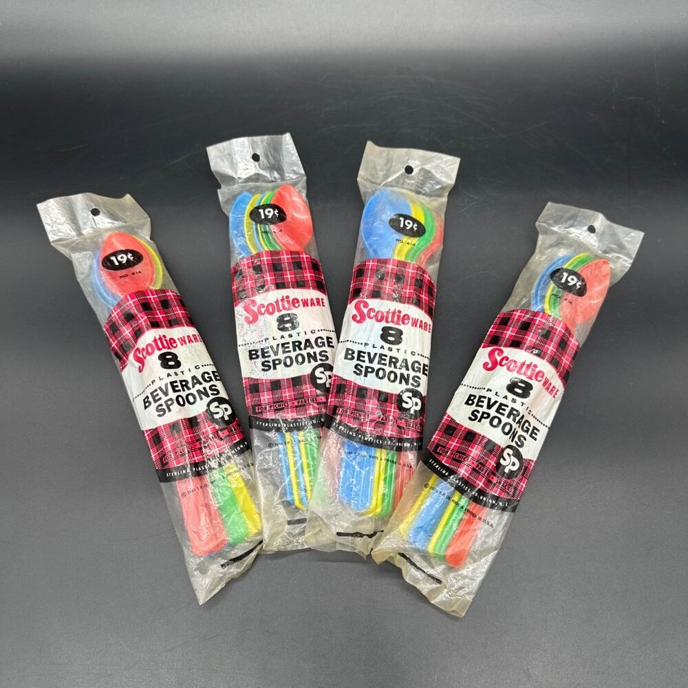 Vintage Beverage Spoons Scottie Ware 1959 Plastic Rainbow Packs Party Picnic